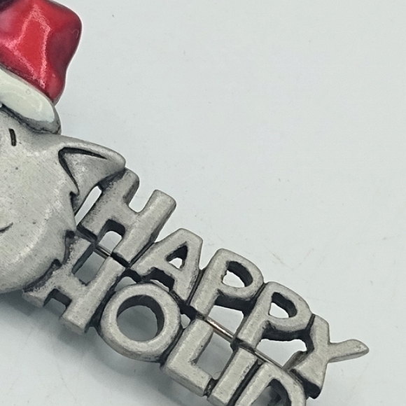 JJ Jonette Vintage Santa Hat Cat Mouse Dangle Brooch Happy Holidays Pin 2.75" - Picture 11 of 12